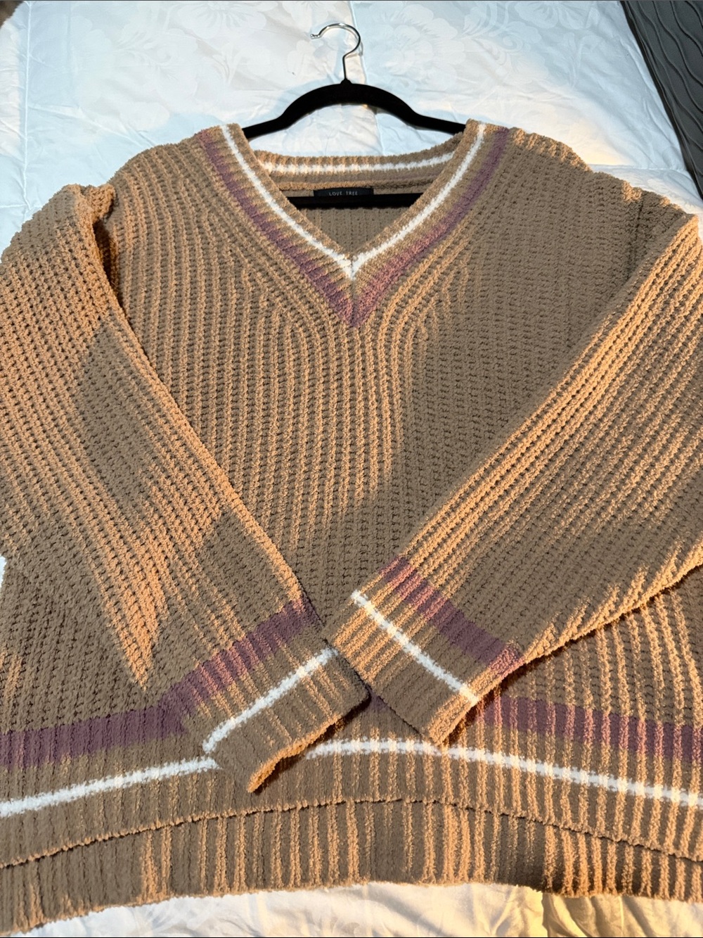 Love Tree Women's V-Neck Waffle Knit Sweater in Tan with Mauve and White Stripes
